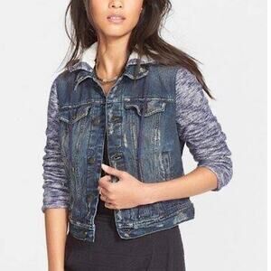 Free People Hoodie Jean Jacket Distressed Denim Sz S Removable Hood